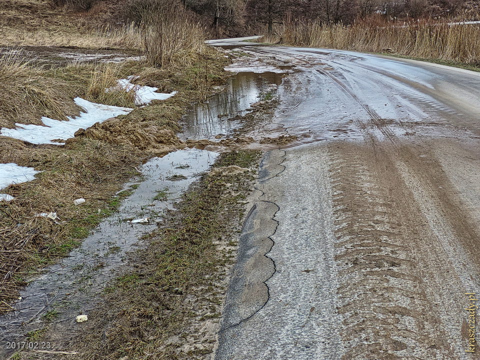 Droga powiatowa w gminie Gorzków podczas wiosennych roztopów 